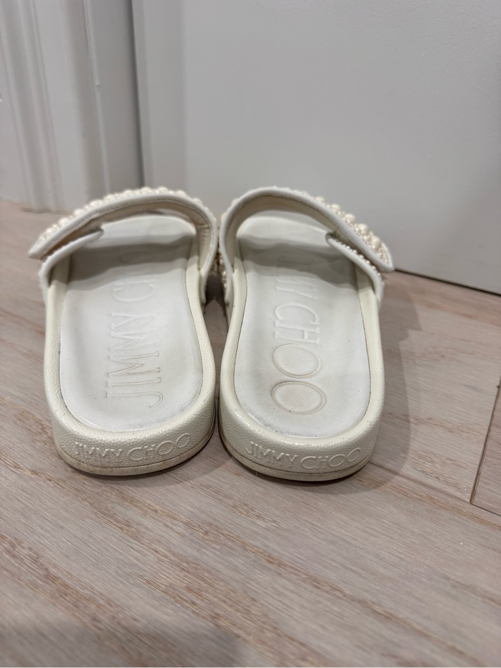 Jimmy Choo Pearl-Embellished Cream Pool Slide Sandals - Picture 6 of 6